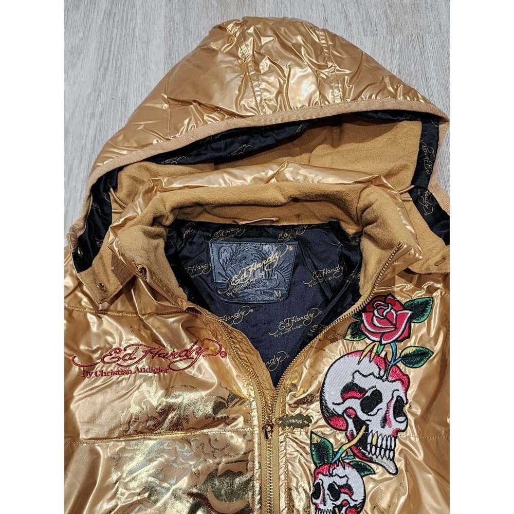 Ed Hardy By Christian Andigier Womens Puffer Jacket Skull Rose Gold Size M - Picture 4 of 11